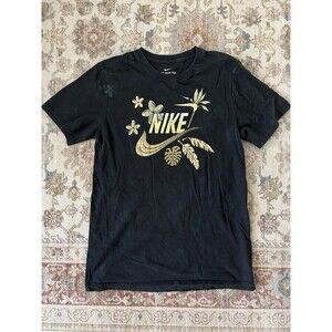 Nike Swoosh Tropical Paradise Plant Black T-Shirt Men's Small Holographic Flower